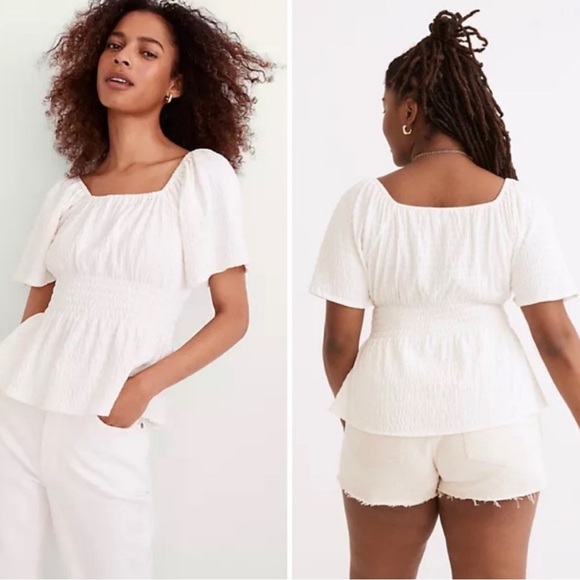 Madewell Gauzy Smocked Square Neck Crinkle Top Medium White Beach Summer Classic - Picture 1 of 5